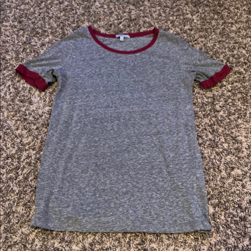 grey and red/maroon/burgandy t-shirt